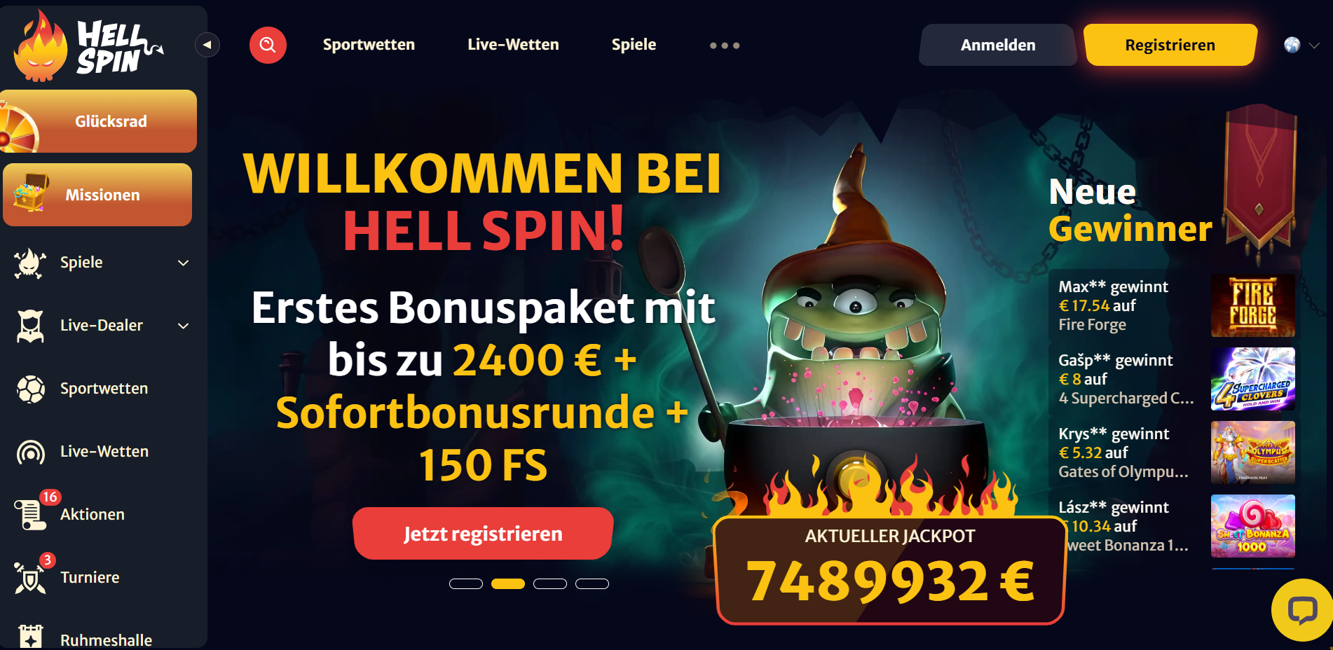 Screenshot aus dem Hell Spin Prüfbericht: Lobby und Aktionsbereich