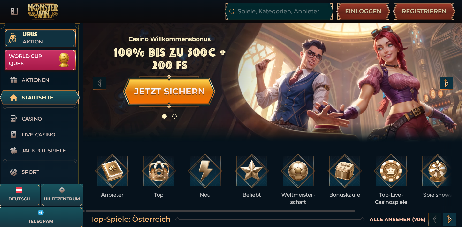 MonsterWin Testlauf: Blick auf Lobby und Willkommensangebot